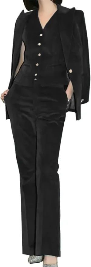 Women Velvet Pant Suits Peaked Lapel Wedding Tuxedos 3 Piece Blazer Jacket Vest Pants
