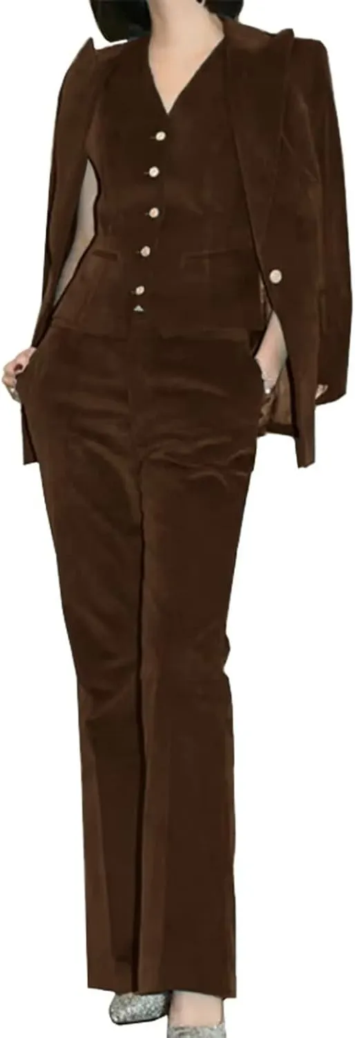 Women Velvet Pant Suits Peaked Lapel Wedding Tuxedos 3 Piece Blazer Jacket Vest Pants