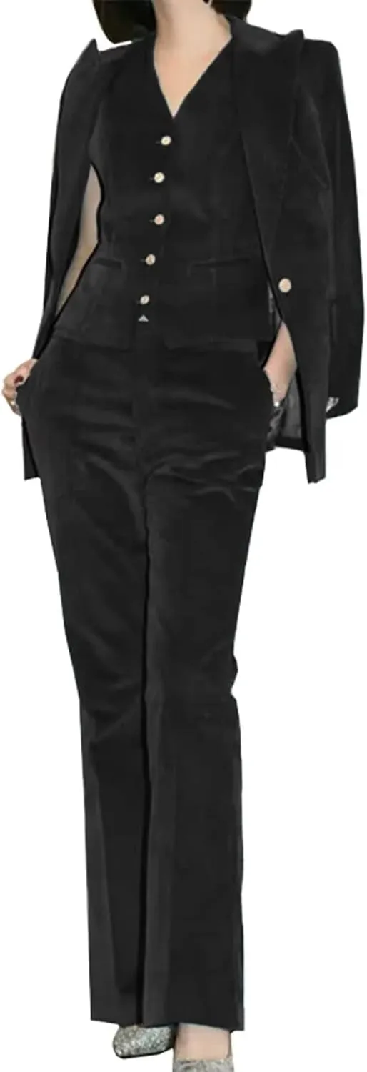 Women Velvet Pant Suits Peaked Lapel Wedding Tuxedos 3 Piece Blazer Jacket Vest Pants