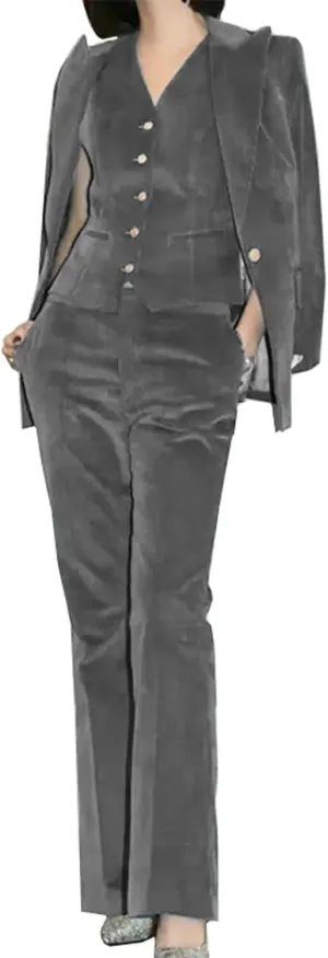 Women Velvet Pant Suits Peaked Lapel Wedding Tuxedos 3 Piece Blazer Jacket Vest Pants
