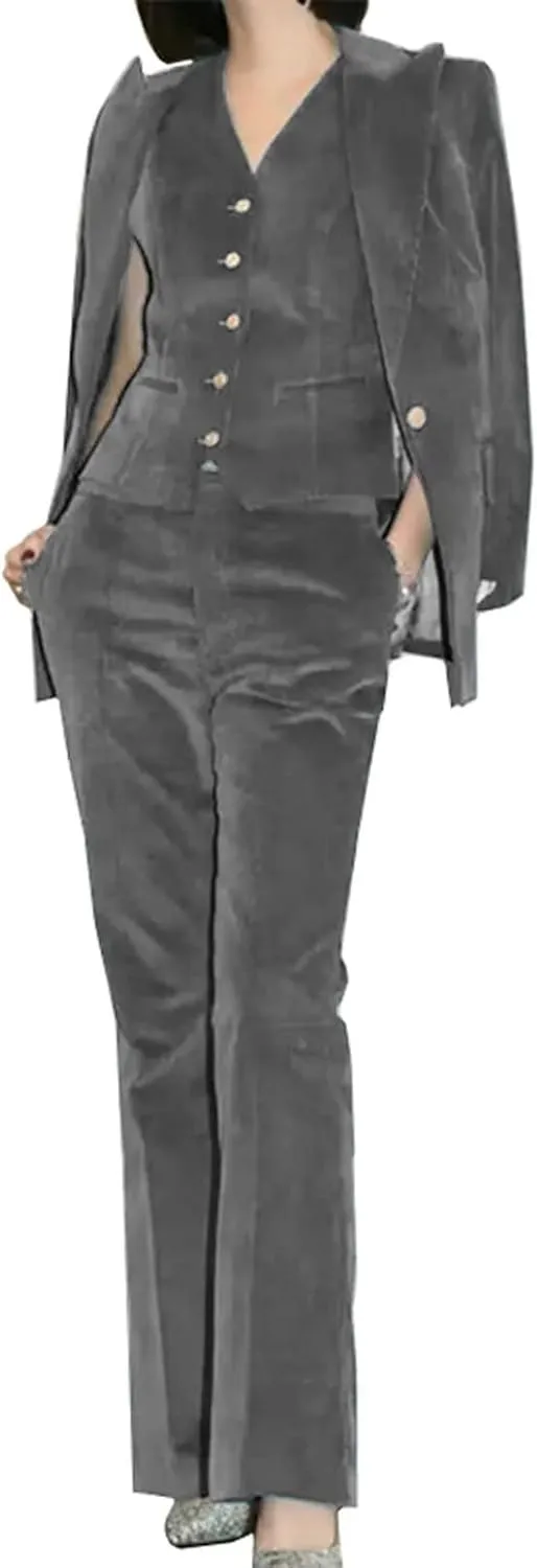 Women Velvet Pant Suits Peaked Lapel Wedding Tuxedos 3 Piece Blazer Jacket Vest Pants