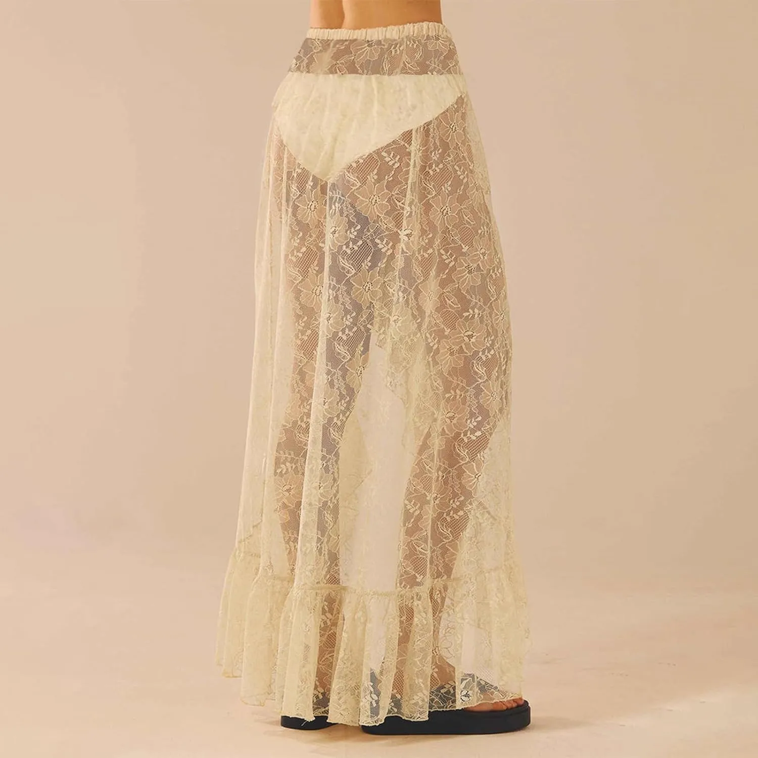 Women Y2k Lace Long Skirt Low Waist See Through Maxi Skirts Ruffle Mesh Midi Skirt Gothic Beach Party Club Skirt