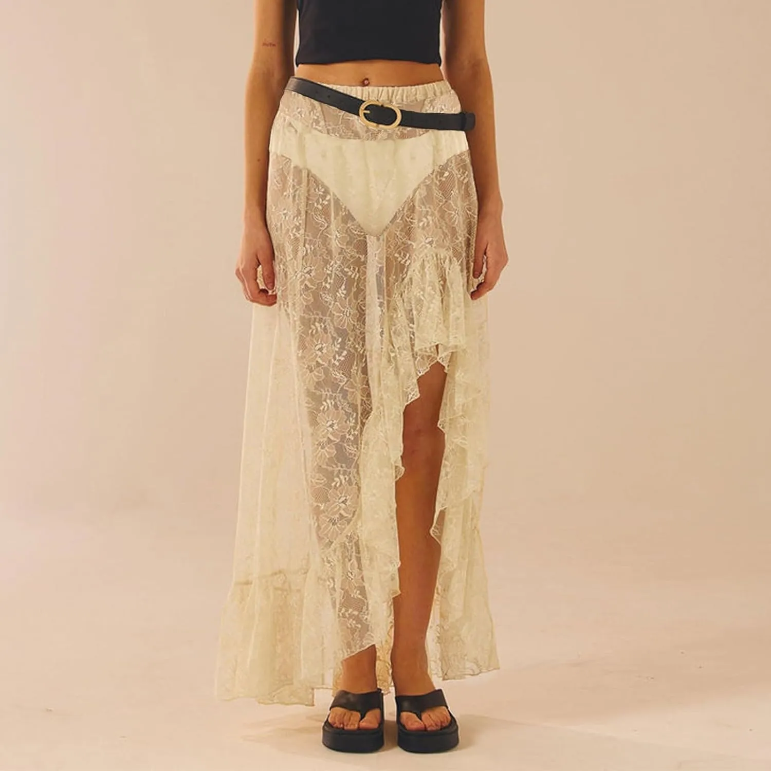 Women Y2k Lace Long Skirt Low Waist See Through Maxi Skirts Ruffle Mesh Midi Skirt Gothic Beach Party Club Skirt
