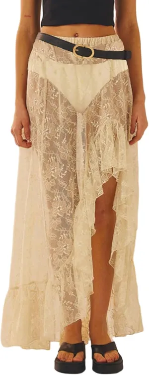 Women Y2k Lace Long Skirt Low Waist See Through Maxi Skirts Ruffle Mesh Midi Skirt Gothic Beach Party Club Skirt