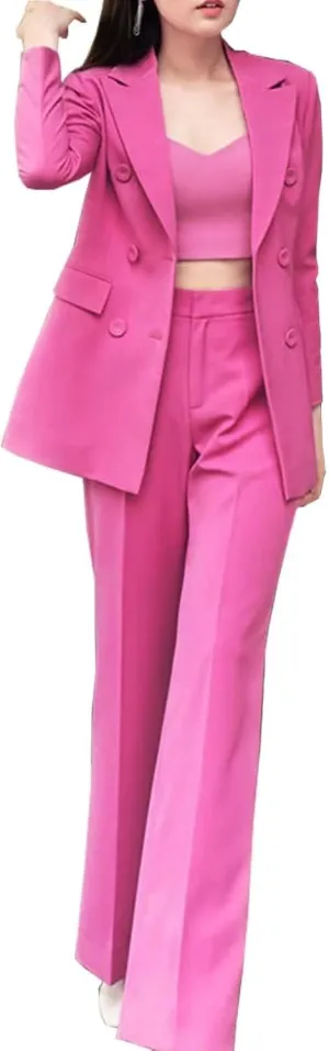Women's 2 Pieces Office Suit Set Double Breasted Long Sleeve Blazer Jacket and Pants