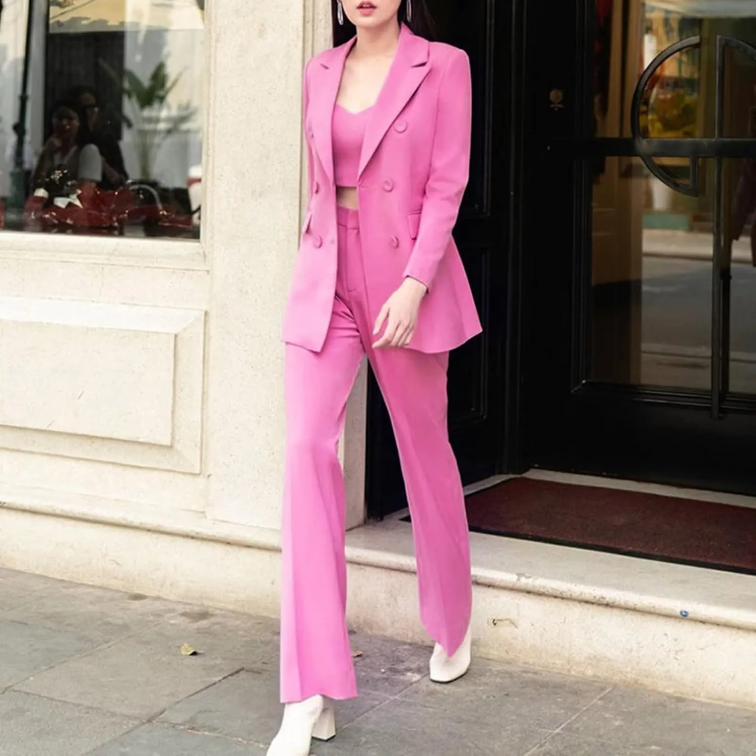 Women's 2 Pieces Office Suit Set Double Breasted Long Sleeve Blazer Jacket and Pants