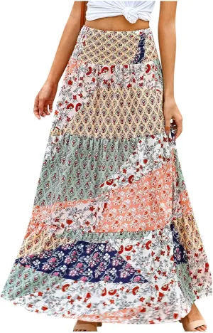 Women's 2025 Boho Long Skirts Print High Waist A Line Maxi Skirts Summer Casual Printed Pleated Ruffle Flowy Skirt
