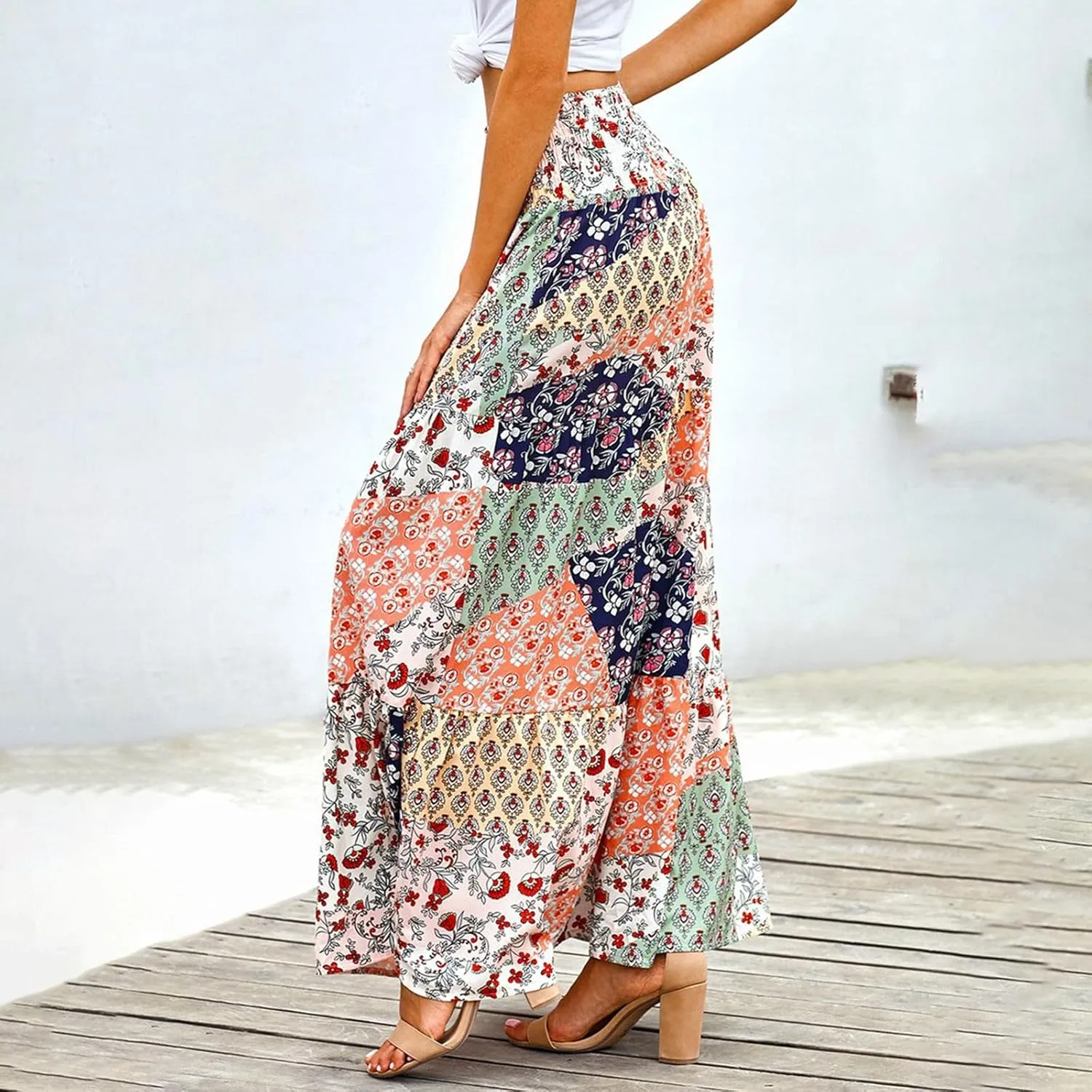 Women's 2025 Boho Long Skirts Print High Waist A Line Maxi Skirts Summer Casual Printed Pleated Ruffle Flowy Skirt