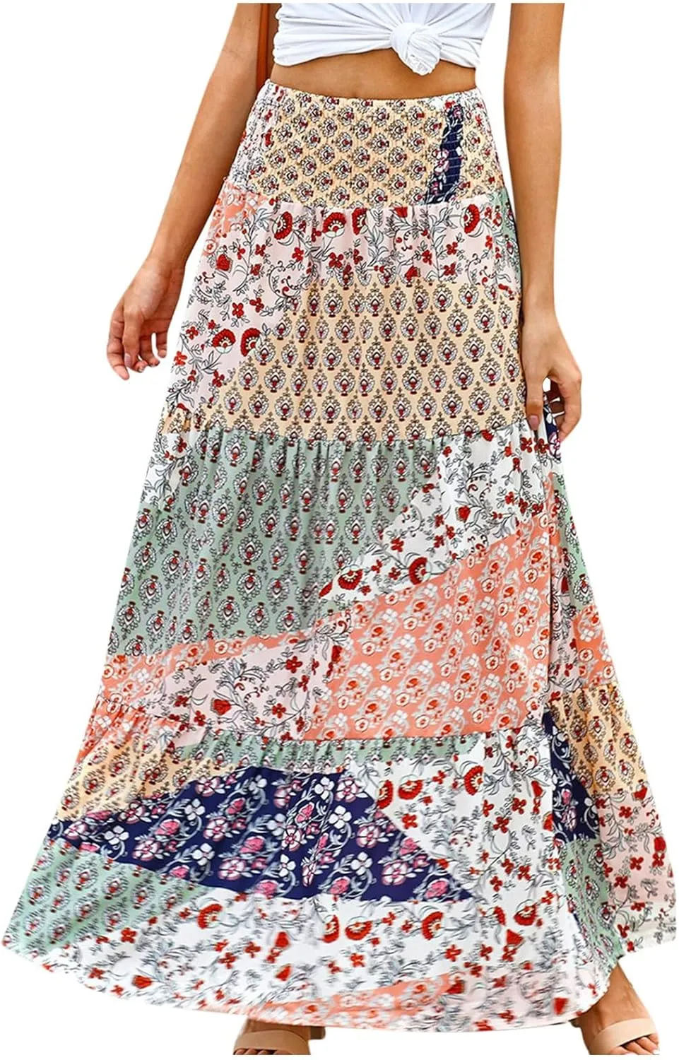 Women's 2025 Boho Long Skirts Print High Waist A Line Maxi Skirts Summer Casual Printed Pleated Ruffle Flowy Skirt