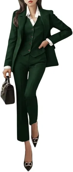 Women's 3 Piece Outfits Long Sleeve Blazer Solid Business Suit Sets Jacket Vest Pant