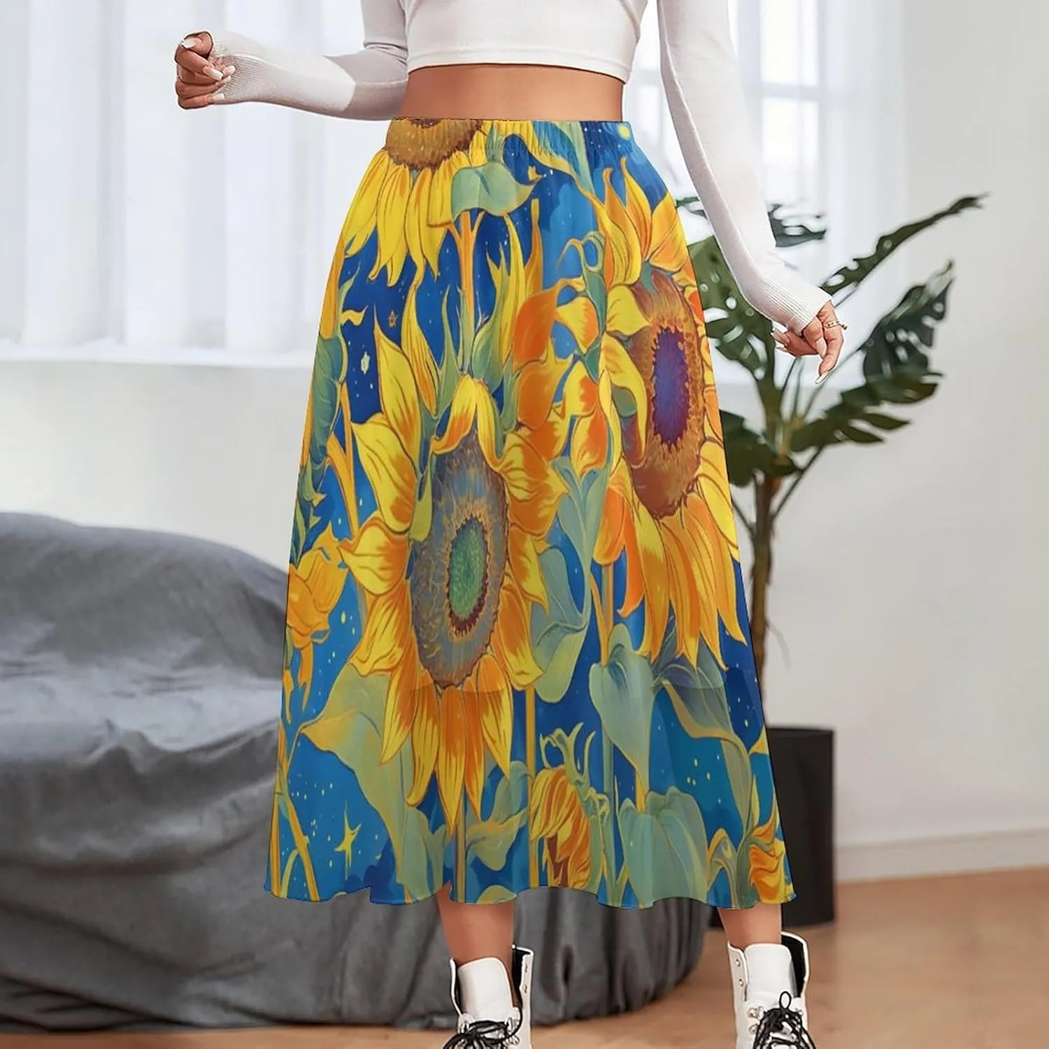 Women's A Line Elastic Waist Chiffon Midi Skirt Flared Pleated Skirts