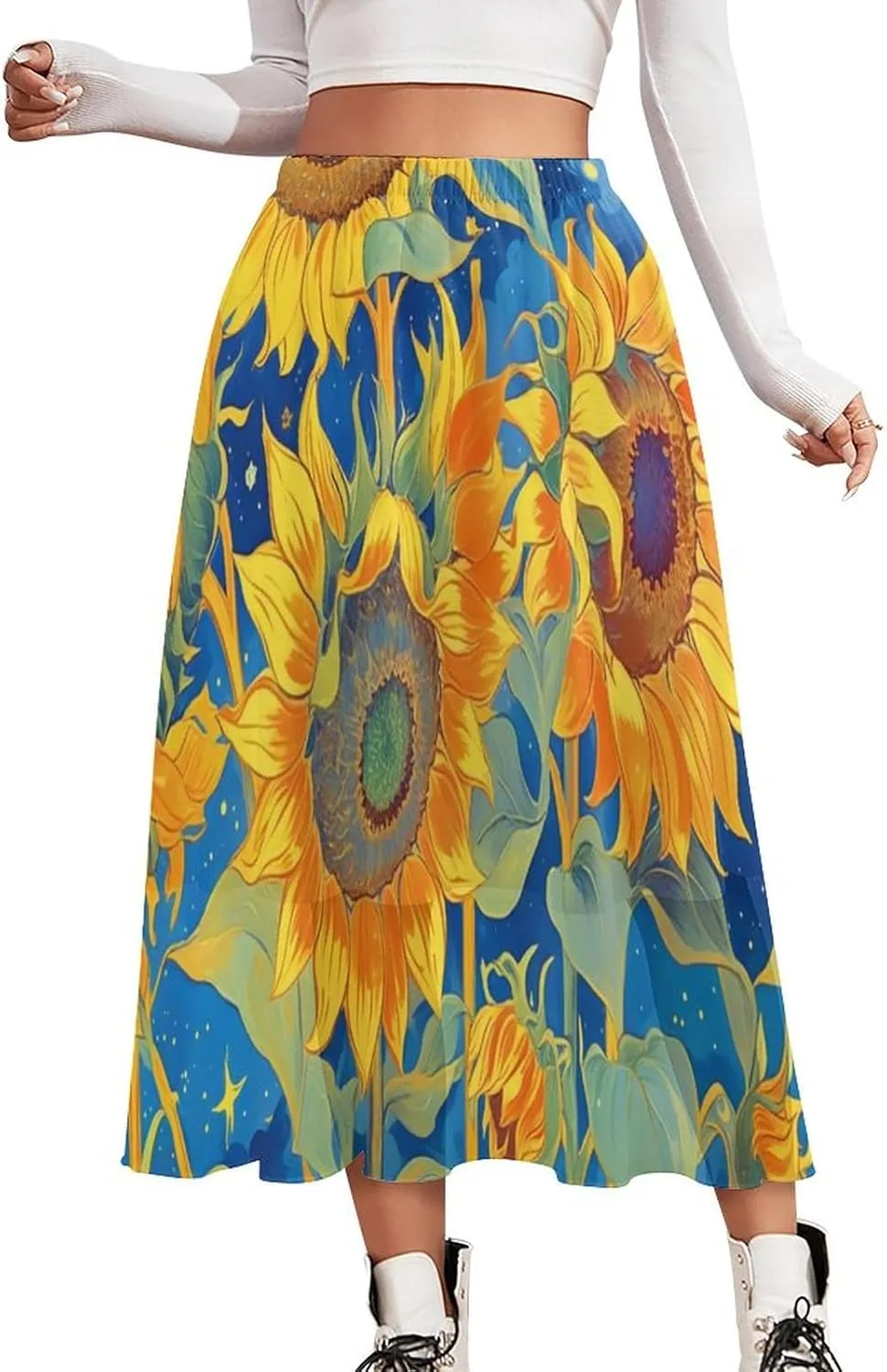 Women's A Line Elastic Waist Chiffon Midi Skirt Flared Pleated Skirts