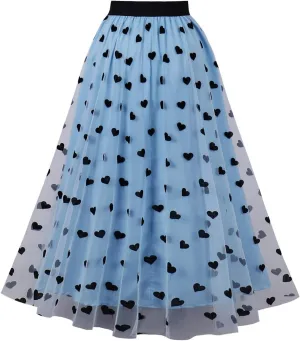 Women's A-Line Fairy Elastic Waist Tulle Midi Skirt Long Length Dressy Casual Trendy Summer Embroidered Mesh Skirts