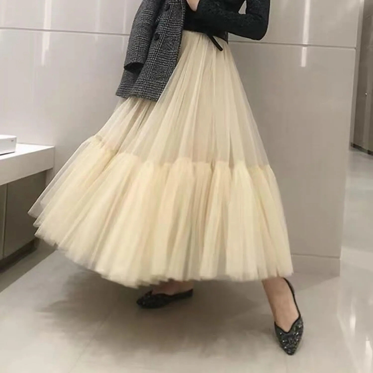 Women's A Line Tulle Party Dinner Tutu Skirt Brown Stretchy High Waisted Flared Skirt Plus Size Womens Skirts