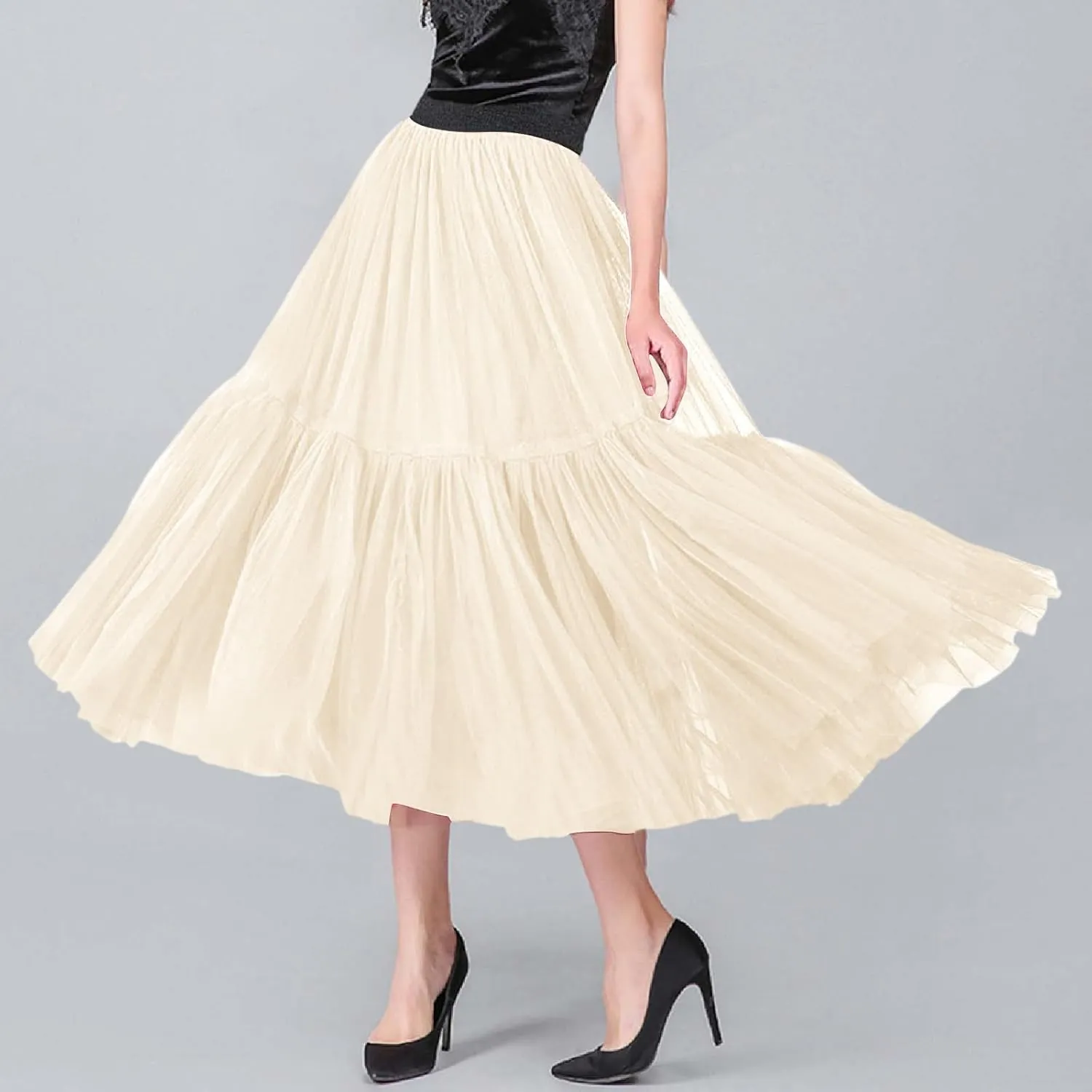 Women's A Line Tulle Party Dinner Tutu Skirt Brown Stretchy High Waisted Flared Skirt Plus Size Womens Skirts