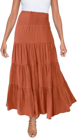 Women's Beach Maxi Skirts Elastic High Waist Drawstring Tired Pleated Skirt Summer Flowy Boho A Line Long Skirt
