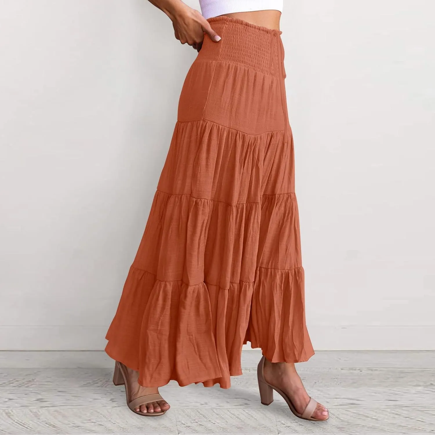 Women's Beach Maxi Skirts Elastic High Waist Drawstring Tired Pleated Skirt Summer Flowy Boho A Line Long Skirt