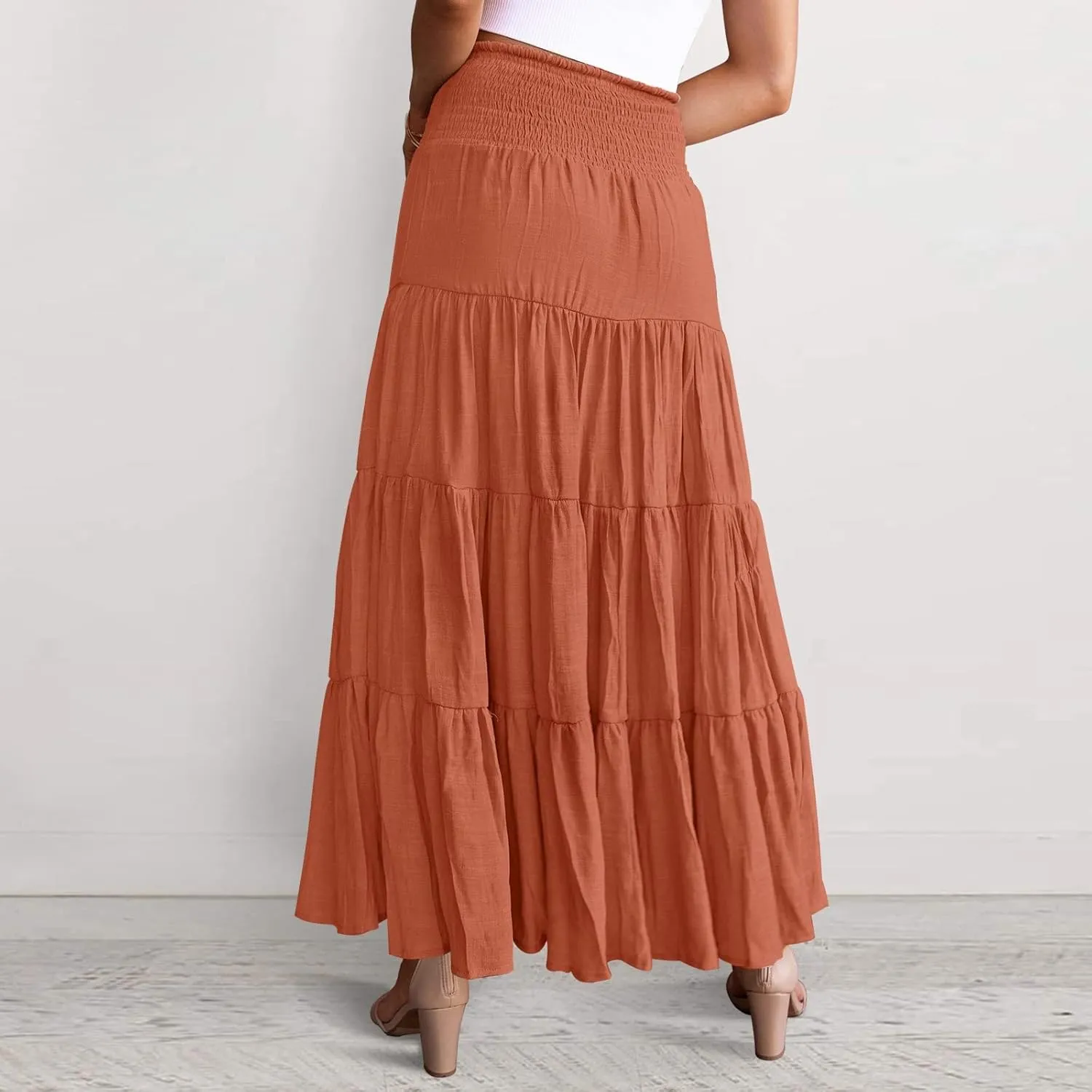 Women's Beach Maxi Skirts Elastic High Waist Drawstring Tired Pleated Skirt Summer Flowy Boho A Line Long Skirt