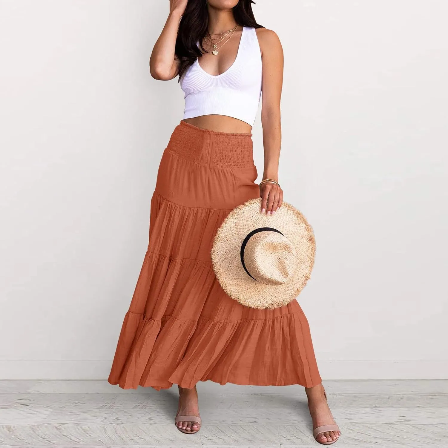 Women's Beach Maxi Skirts Elastic High Waist Drawstring Tired Pleated Skirt Summer Flowy Boho A Line Long Skirt