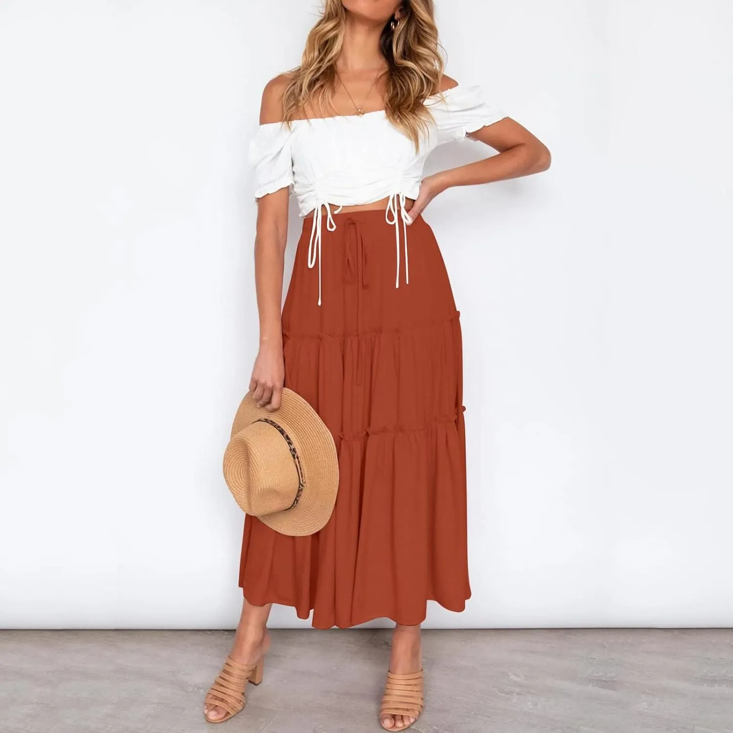 Women's Beach Maxi Skirts Elastic High Waist Drawstring Tired Pleated Skirt Summer Flowy Boho A Line Long Skirt