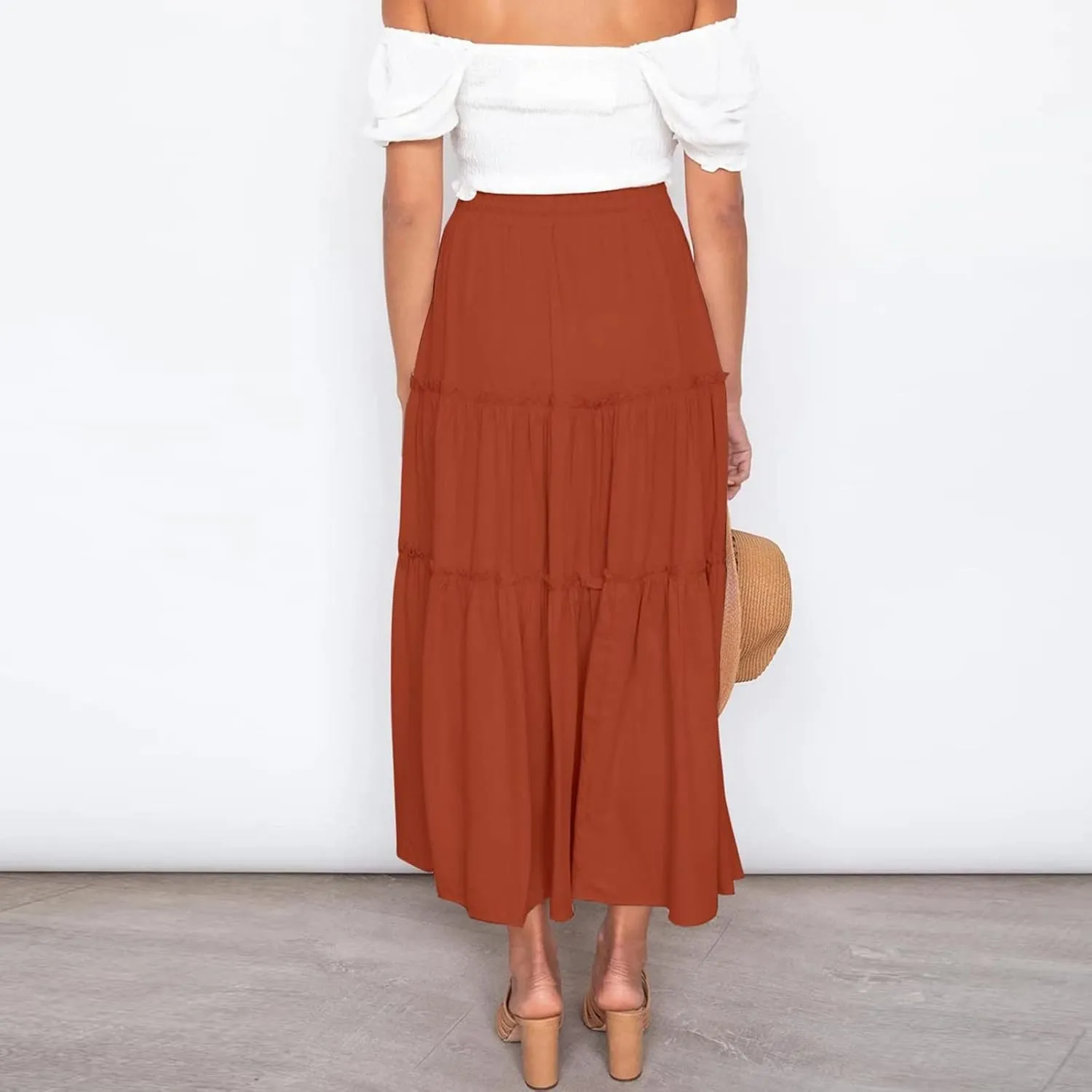 Women's Beach Maxi Skirts Elastic High Waist Drawstring Tired Pleated Skirt Summer Flowy Boho A Line Long Skirt