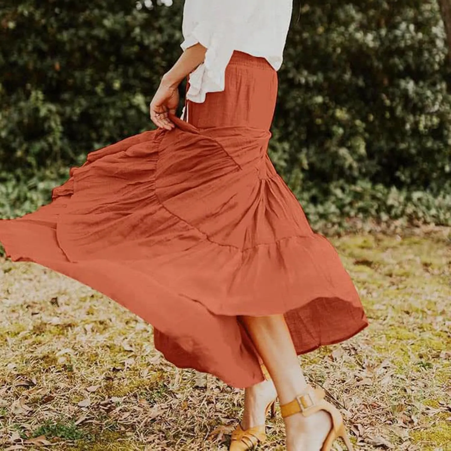 Women's Beach Maxi Skirts Elastic High Waist Drawstring Tired Pleated Skirt Summer Flowy Boho A Line Long Skirt