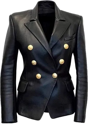 WOMENS BLACK Double Breasted REAL LEATHER KIM KARDASHIAN BLAZER COAT JACKET