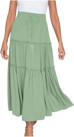 Women's Boho Maxi Skirt Summer Flowy Skirts A Line Pleated Skirts Ruffle Tiered Skirt Drawstring High Waist Skirt