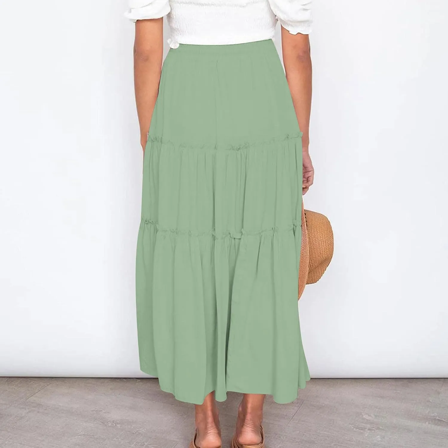 Women's Boho Maxi Skirt Summer Flowy Skirts A Line Pleated Skirts Ruffle Tiered Skirt Drawstring High Waist Skirt