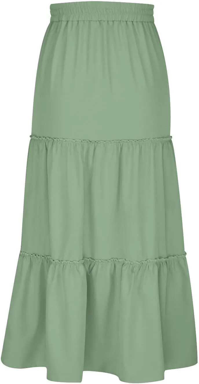 Women's Boho Maxi Skirt Summer Flowy Skirts A Line Pleated Skirts Ruffle Tiered Skirt Drawstring High Waist Skirt