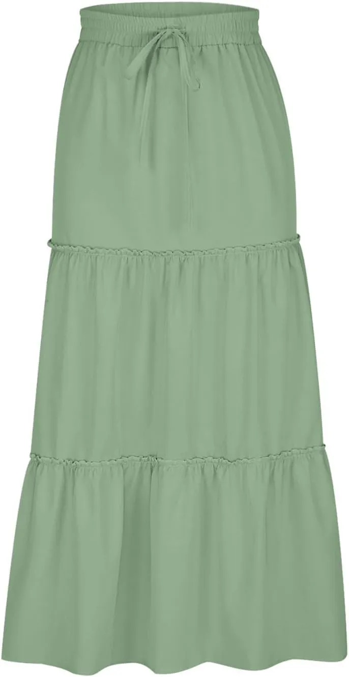 Women's Boho Maxi Skirt Summer Flowy Skirts A Line Pleated Skirts Ruffle Tiered Skirt Drawstring High Waist Skirt