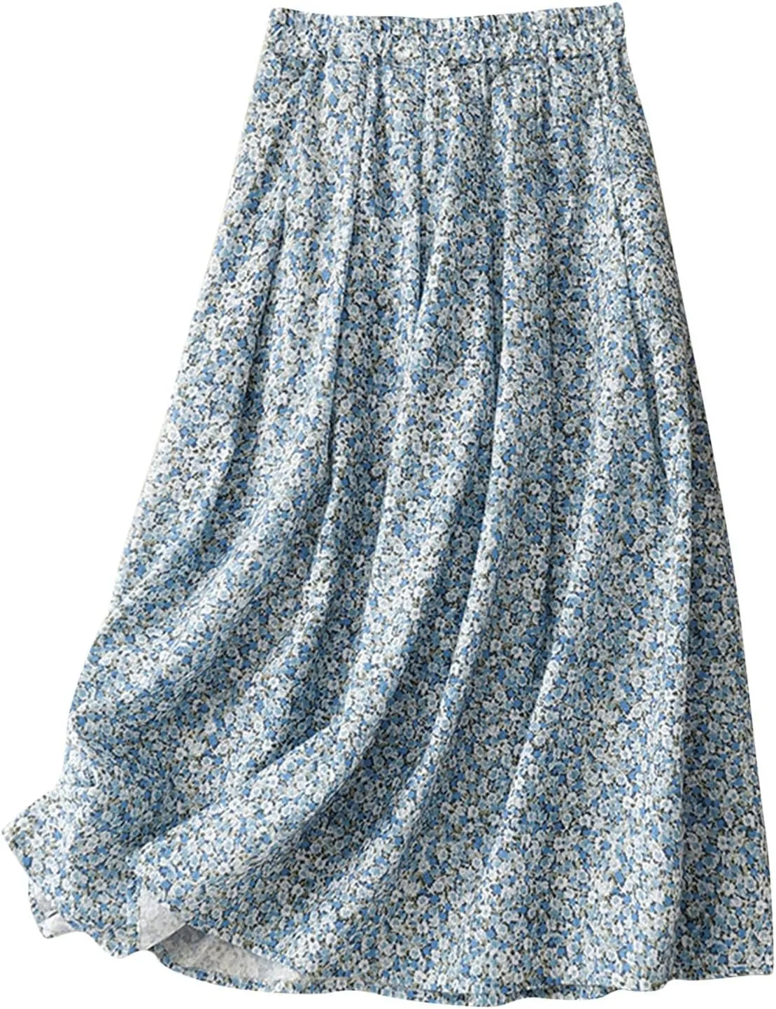 Womens Boho Skirt Elastic High Waist Pleated A-Line Skirts Summer Floral Print Casual Flowy Midi Skirt for Vacation