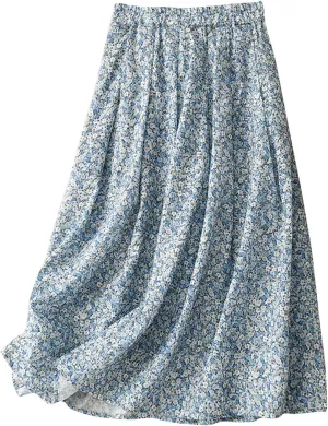 Womens Boho Skirt Elastic High Waist Pleated A-Line Skirts Summer Floral Print Casual Flowy Midi Skirt for Vacation