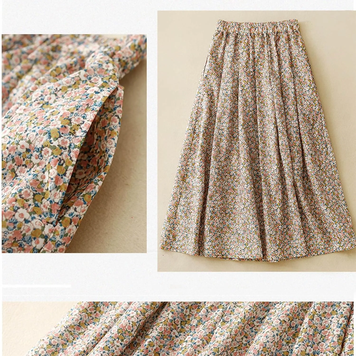 Womens Boho Skirt Elastic High Waist Pleated A-Line Skirts Summer Floral Print Casual Flowy Midi Skirt for Vacation