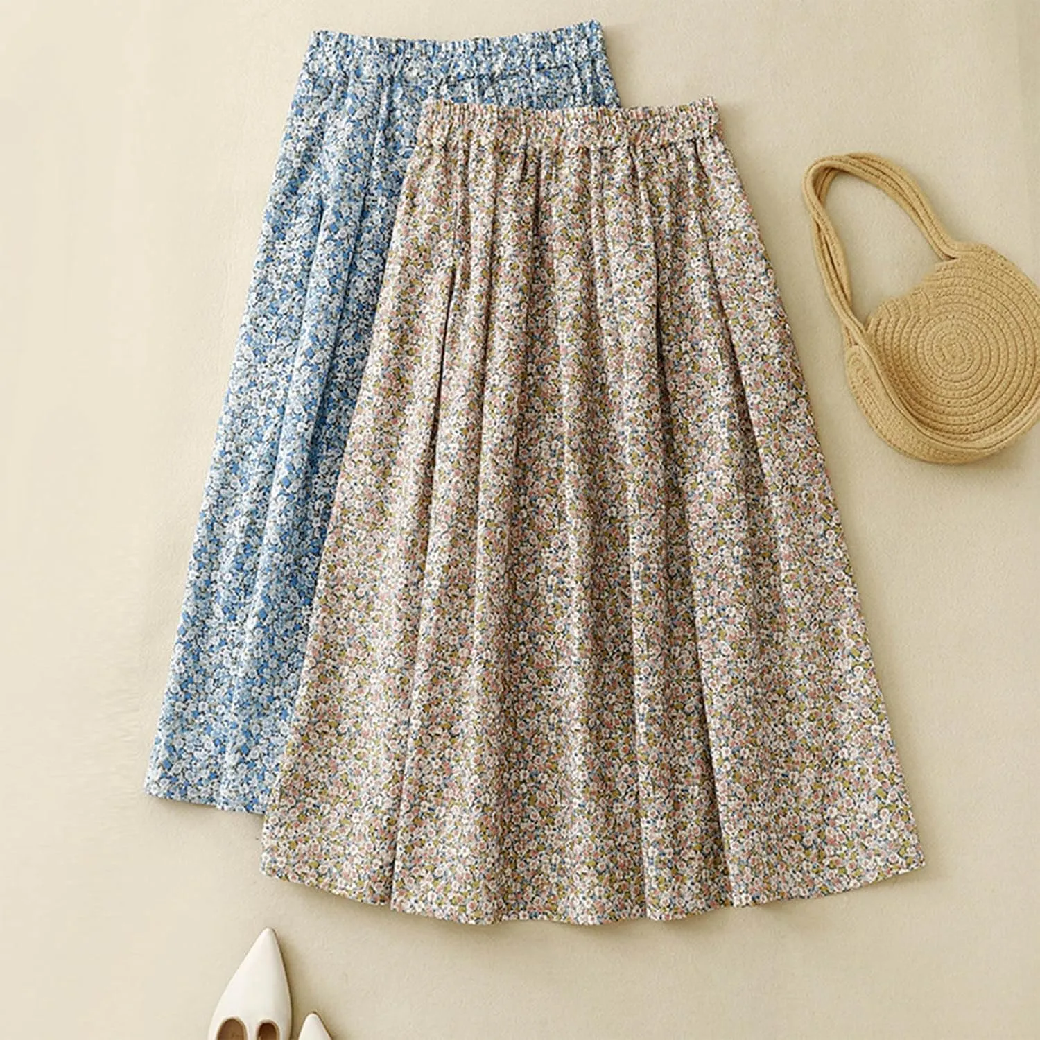 Womens Boho Skirt Elastic High Waist Pleated A-Line Skirts Summer Floral Print Casual Flowy Midi Skirt for Vacation