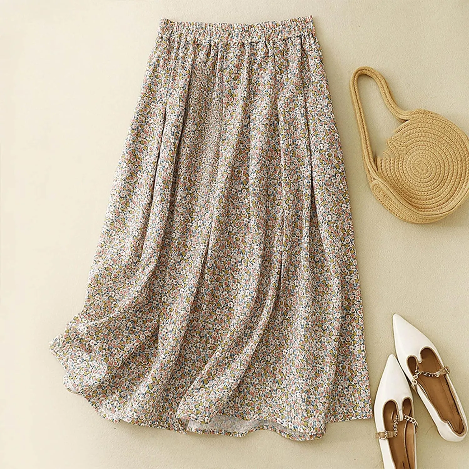 Womens Boho Skirt Elastic High Waist Pleated A-Line Skirts Summer Floral Print Casual Flowy Midi Skirt for Vacation
