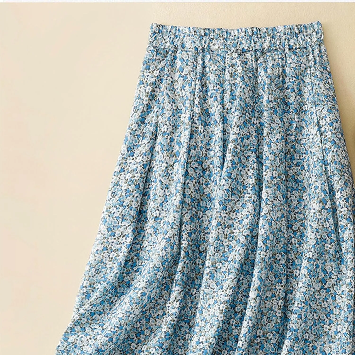 Womens Boho Skirt Elastic High Waist Pleated A-Line Skirts Summer Floral Print Casual Flowy Midi Skirt for Vacation
