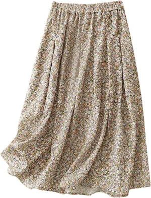 Womens Boho Skirt Elastic High Waist Pleated A-Line Skirts Summer Floral Print Casual Flowy Midi Skirt for Vacation