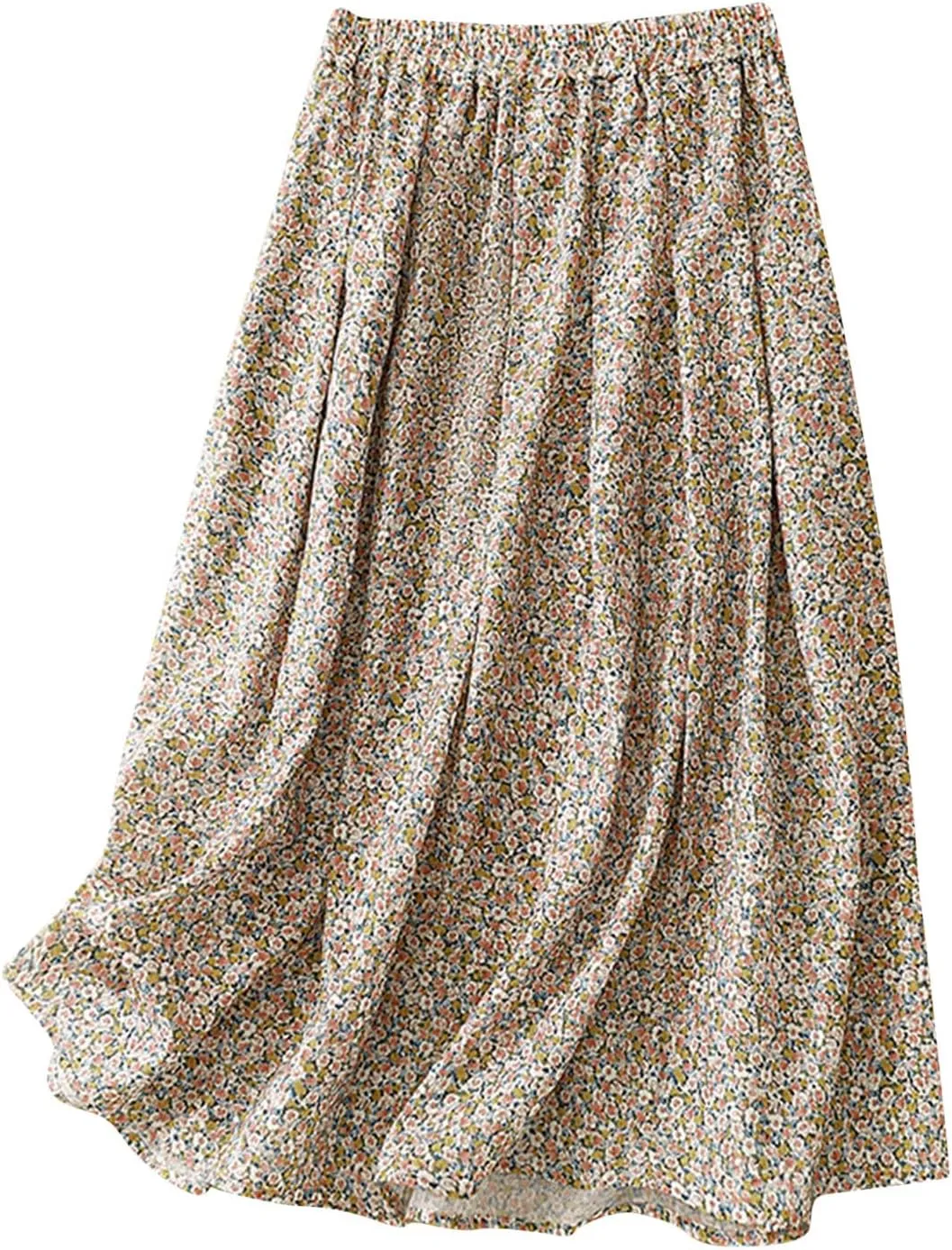 Womens Boho Skirt Elastic High Waist Pleated A-Line Skirts Summer Floral Print Casual Flowy Midi Skirt for Vacation