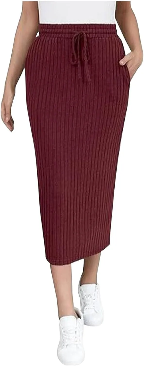 Women's Business Ribbed Knit Midi Skirts High Waist Drawstring Bodycon Skirt Fashion Slim Fit Work Office Skirts