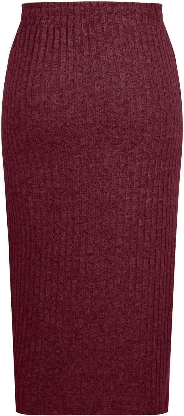 Women's Business Ribbed Knit Midi Skirts High Waist Drawstring Bodycon Skirt Fashion Slim Fit Work Office Skirts