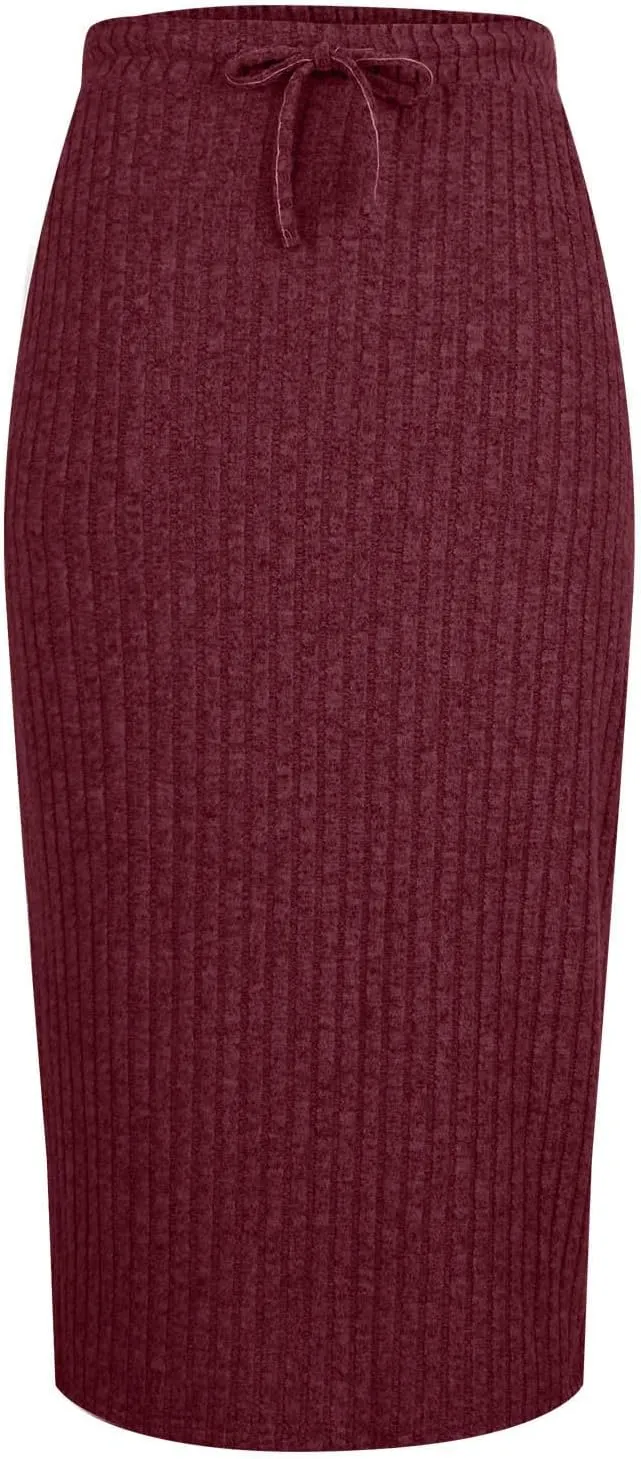 Women's Business Ribbed Knit Midi Skirts High Waist Drawstring Bodycon Skirt Fashion Slim Fit Work Office Skirts