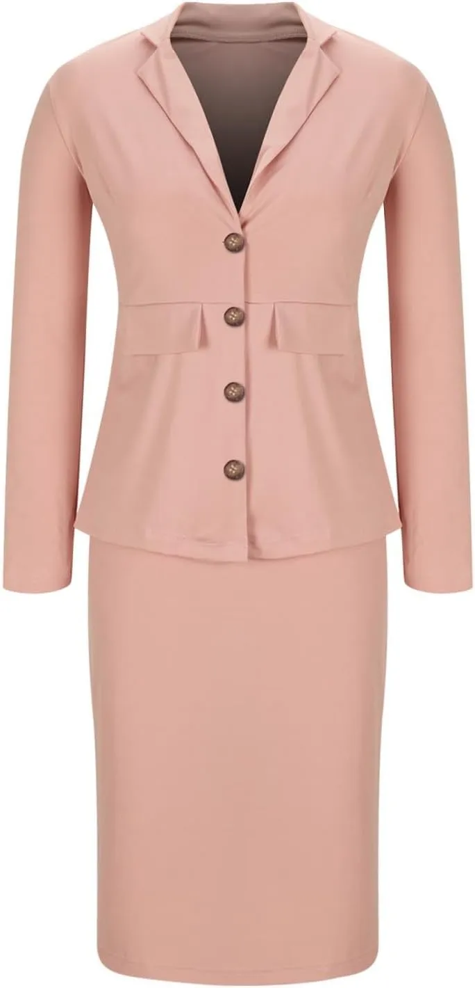 Women's Business Suit 2 Piece Long Sleeve Skirt Suit Set Lady Blazer Office Work Solid Color Slim Fit Jacket Outfits