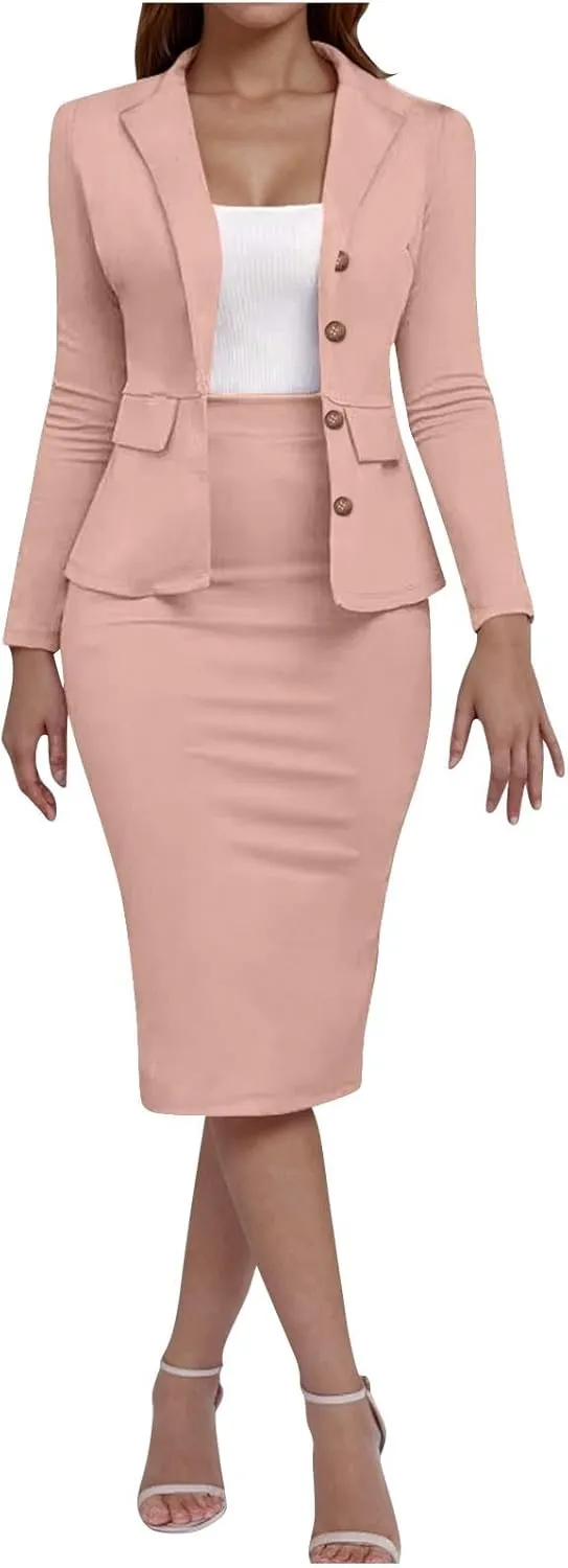 Women's Business Suit 2 Piece Long Sleeve Skirt Suit Set Lady Blazer Office Work Solid Color Slim Fit Jacket Outfits
