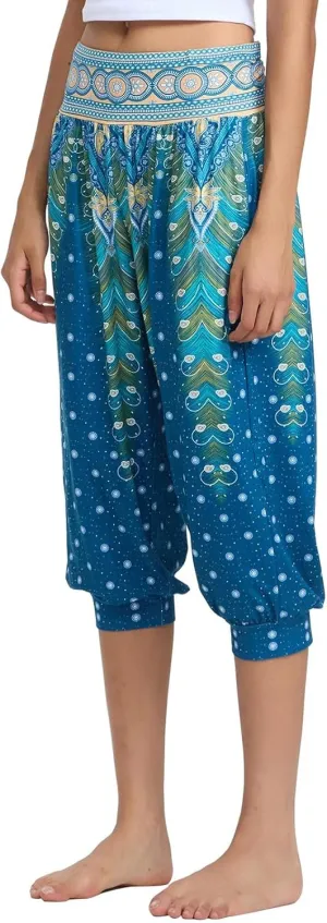 Women's Capri Harem Pants Printed High Waist Yoga Boho Trousers High Rise Wide Leg Cropped Beach Yoga Sweatpants with Pockets