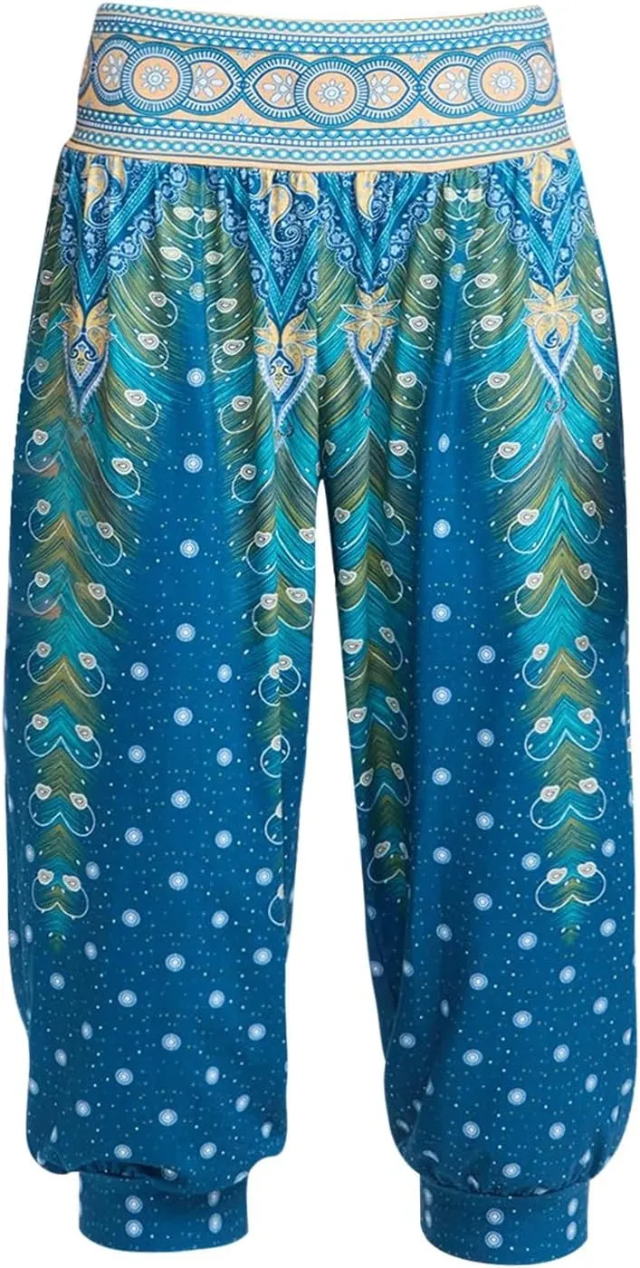 Women's Capri Harem Pants Printed High Waist Yoga Boho Trousers High Rise Wide Leg Cropped Beach Yoga Sweatpants with Pockets