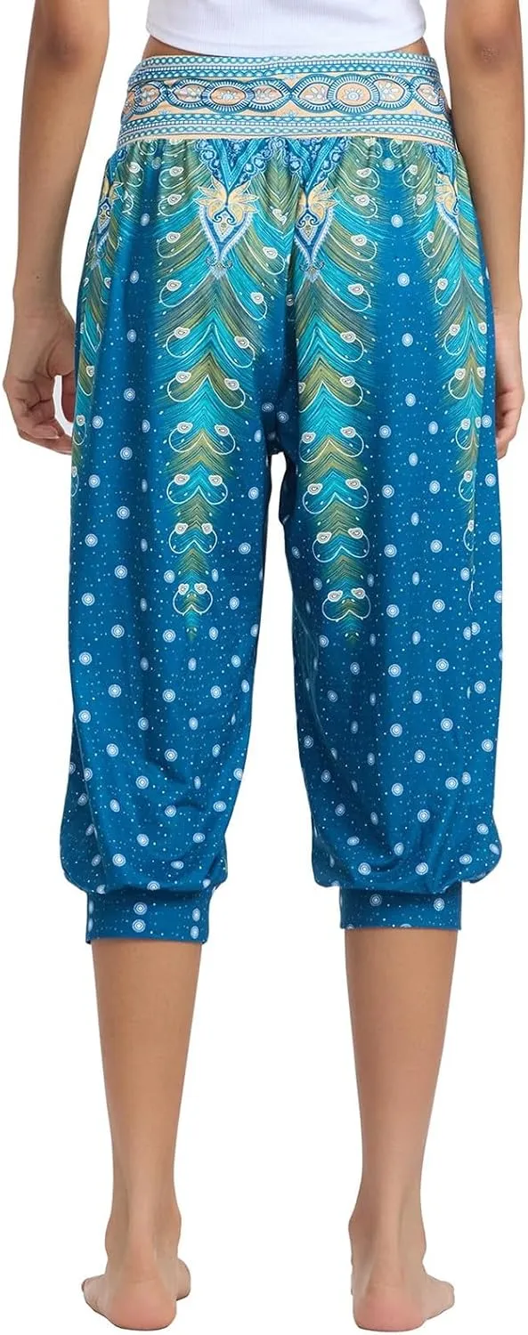 Women's Capri Harem Pants Printed High Waist Yoga Boho Trousers High Rise Wide Leg Cropped Beach Yoga Sweatpants with Pockets