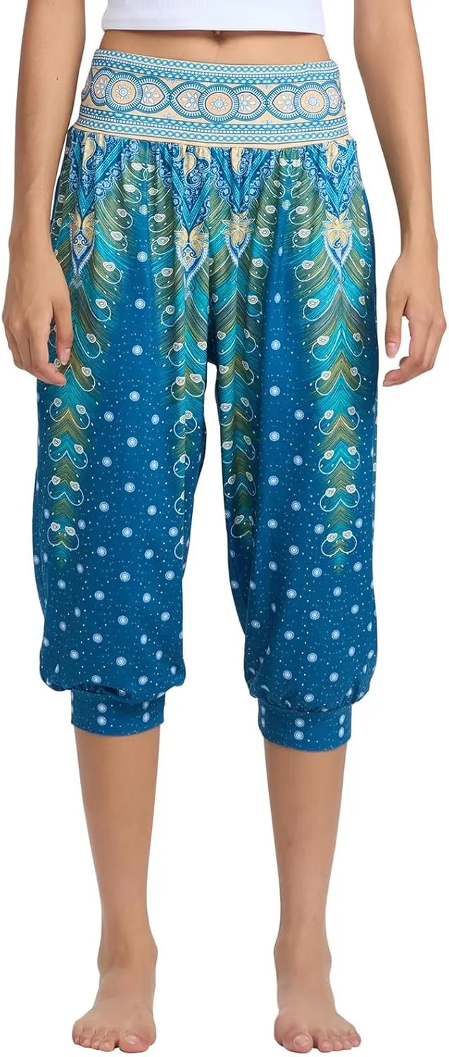 Women's Capri Harem Pants Printed High Waist Yoga Boho Trousers High Rise Wide Leg Cropped Beach Yoga Sweatpants with Pockets