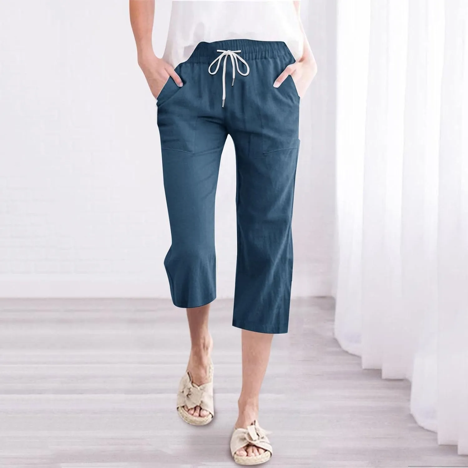 Womens Capri Pants Drawstring Elastic Waist Linen Pant Straight Wide Leg Cropped Pants Trouser with Pockets