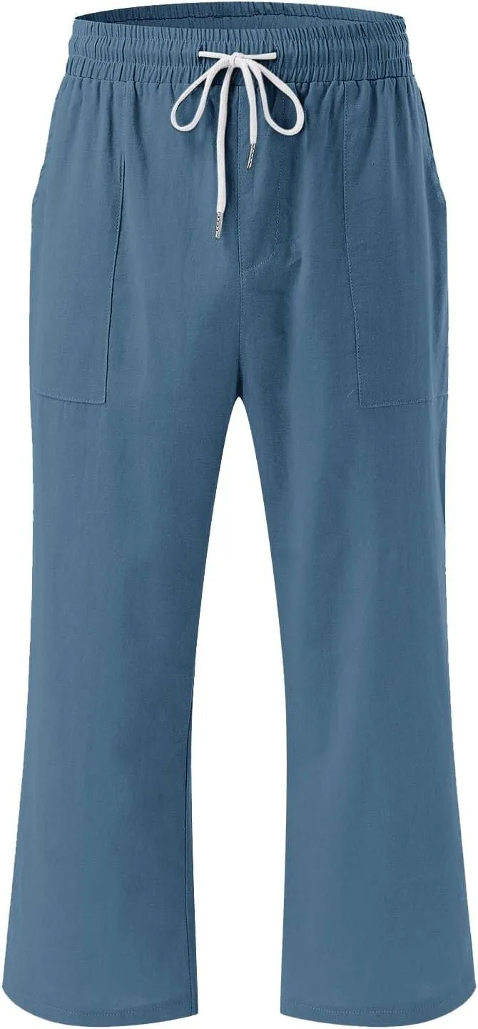 Womens Capri Pants Drawstring Elastic Waist Linen Pant Straight Wide Leg Cropped Pants Trouser with Pockets